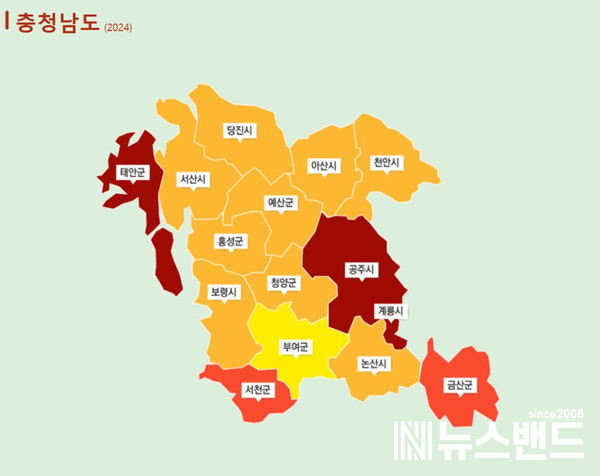 국민권익위원회가 발표한 종합청렴도 평가. 짙은 색일 수록 청렴도가 낮다. 국민권익위 홈페이지.